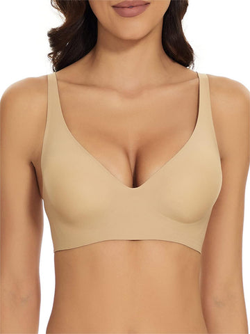 Wirefree Seamless Bra for Women Invisible Deep V Plunge Bra with Removeable Padding Tan