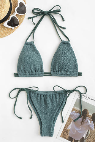 Traje de baño de bikini con tiras y escote halter arrugado - Verde