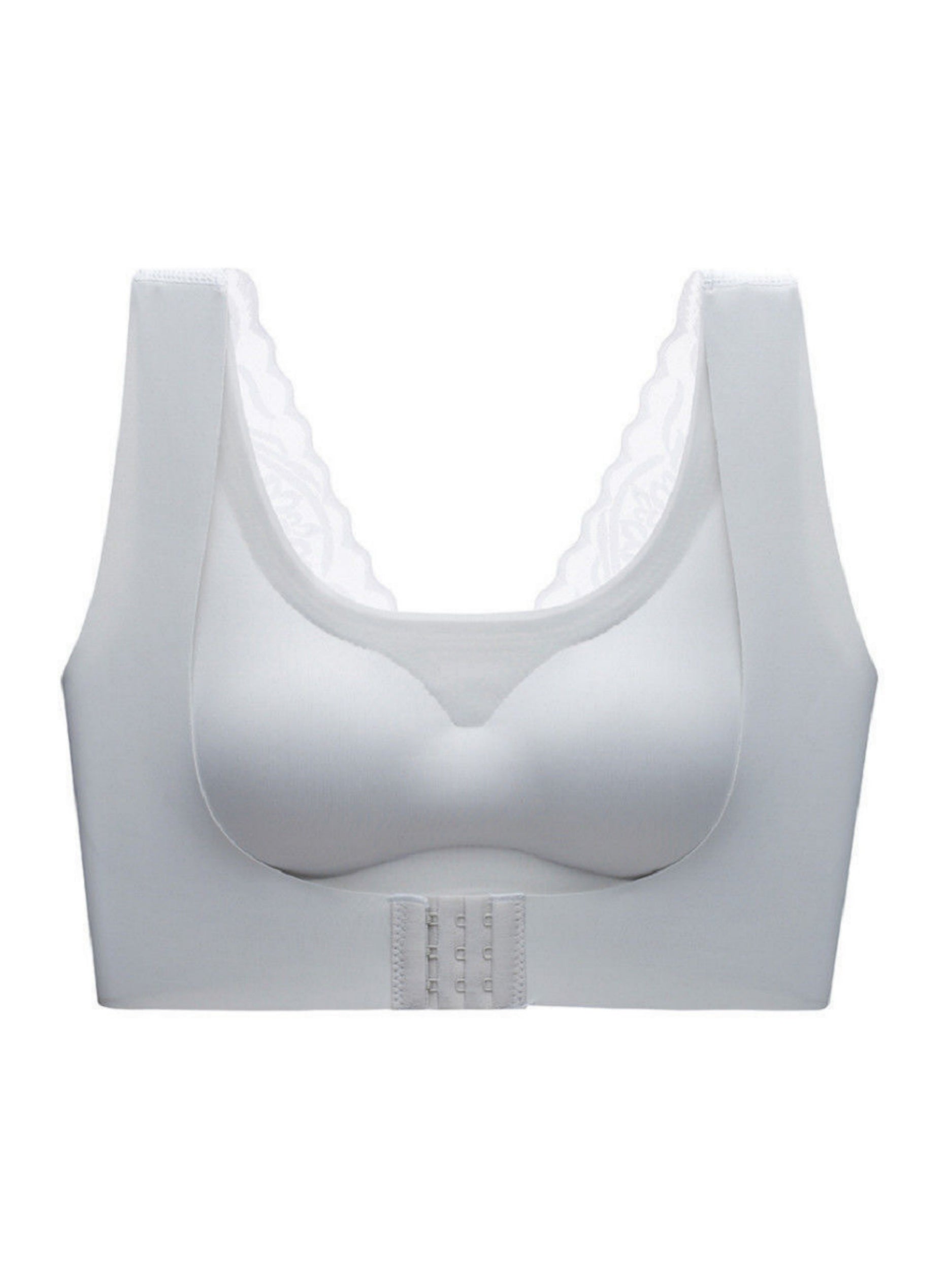 Front Closure Lace Seamless Wireless Bra Padded, Non-Slip, Beautiful Back, Large Sizes Gray