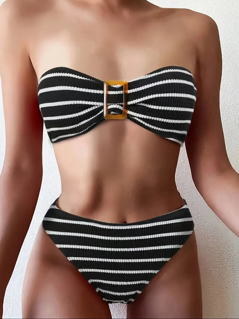 Black and white striped tube top push-up bikini set