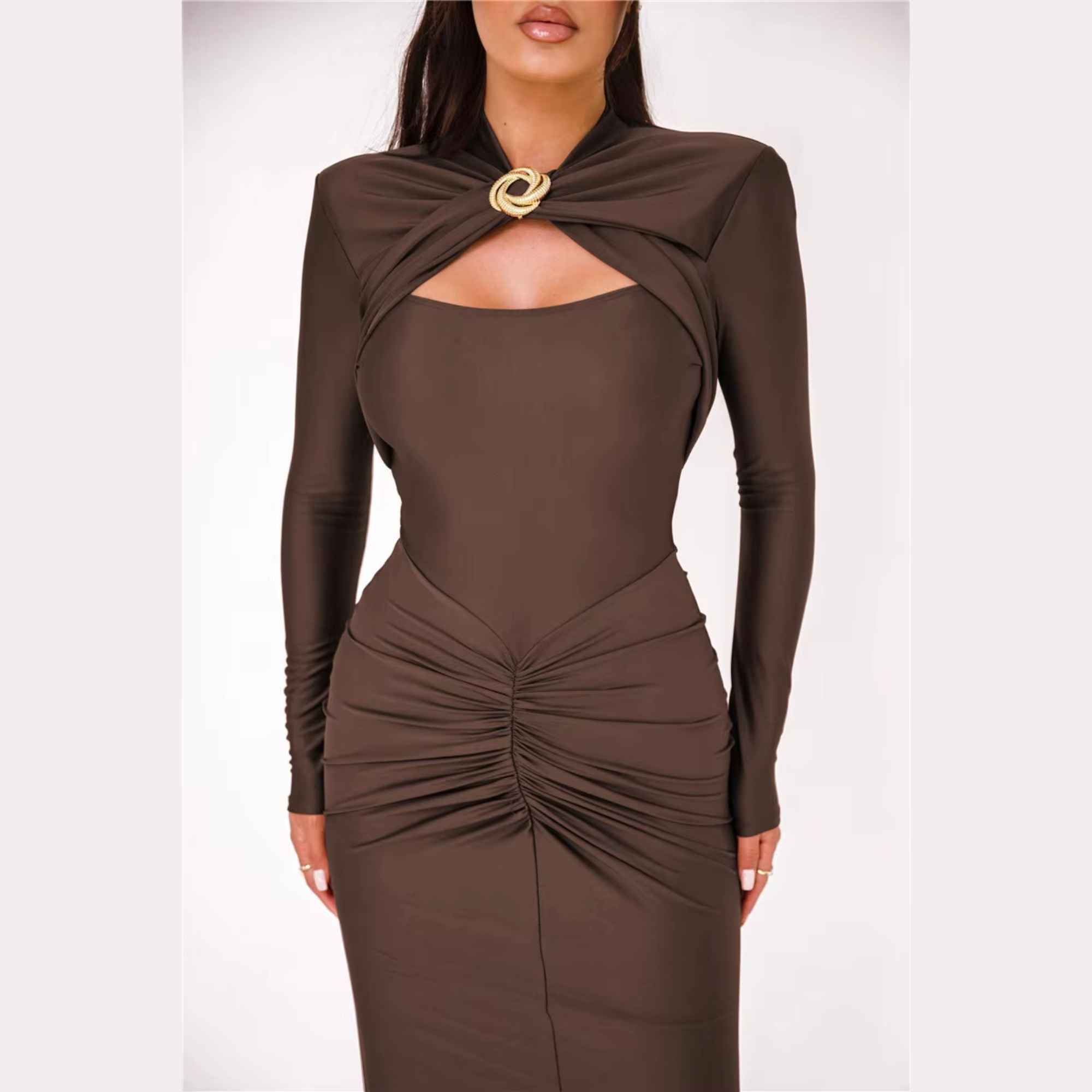 Agnola - Brown Cutout Ruched Maxi Bodycon Dress