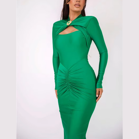 Agnola - Green Cutout Ruched Maxi Bodycon Dress