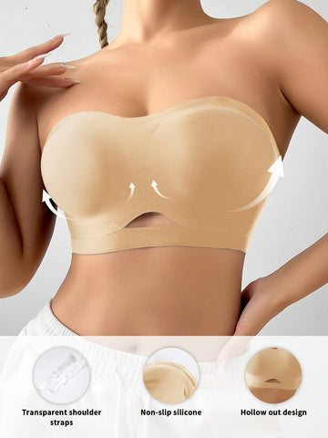 Sujetador push-up sexy sin tirantes con cortes y sin costuras en color beige