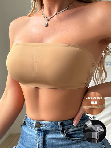 Sujetador sin costuras con costuras de encaje, tirantes transparentes extraíbles y sexys con hombros descubiertos en color beige