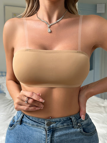 Nahtloser BH mit Spitzennähten, sexy schulterfrei, abnehmbare transparente Träger, Beige