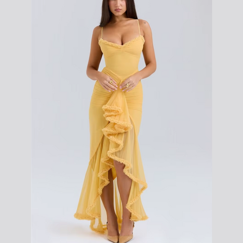 Clementine - Yellow Ruffled Draped Ruched Maxi Dress