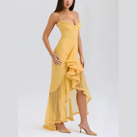Clementine - Yellow Ruffled Draped Ruched Maxi Dress