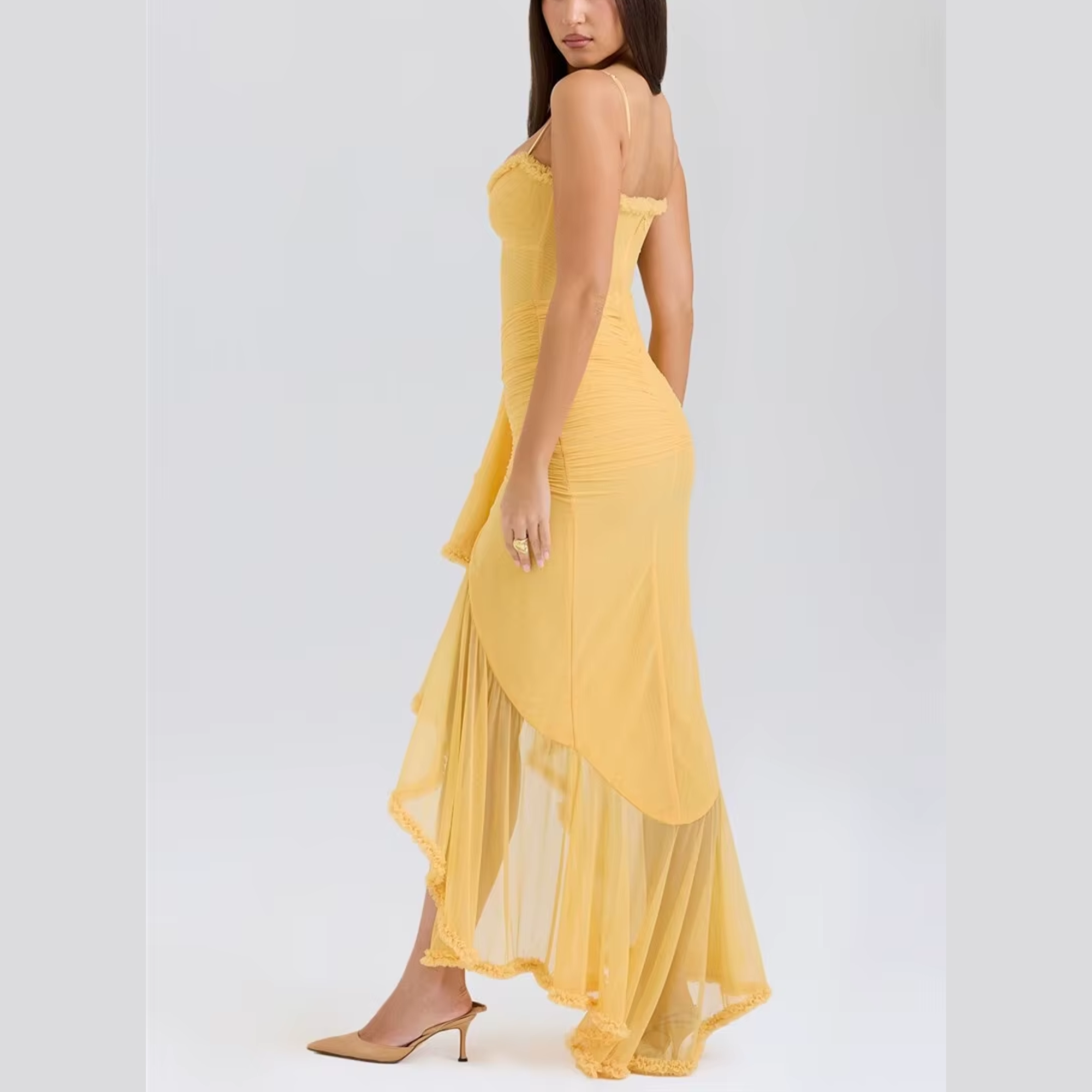 Clementine - Yellow Ruffled Draped Ruched Maxi Dress