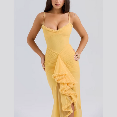 Clementine - Yellow Ruffled Draped Ruched Maxi Dress