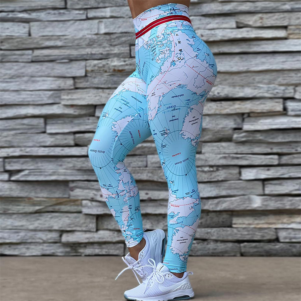 Yoga- und Fitness-Leggings mit hoher Taille und 3D-Kartendruck für Damen