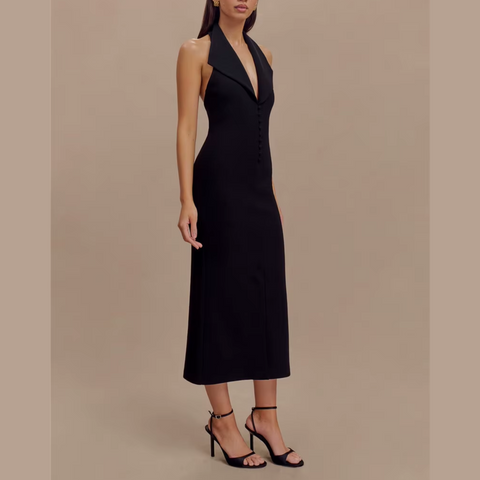 Fleur - Black Deep V Halter Neck Dress