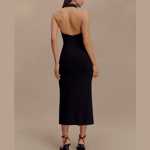 Fleur - Black Deep V Halter Neck Dress