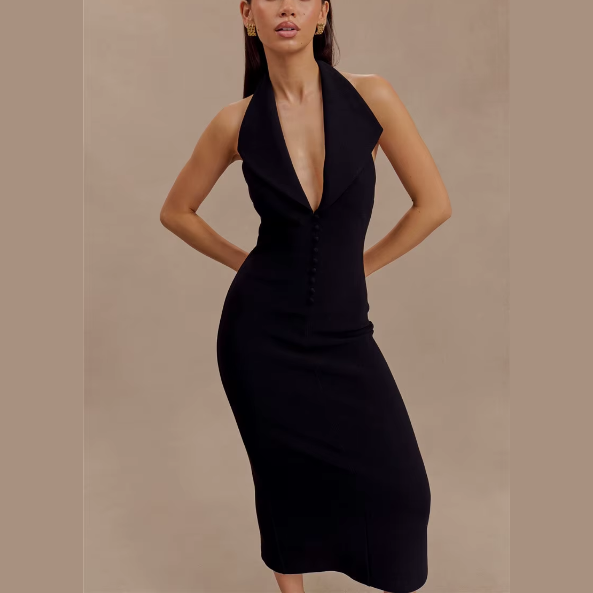 Fleur - Black Deep V Halter Neck Dress