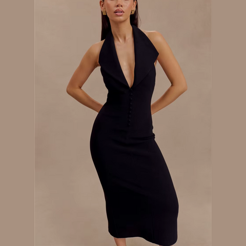 Fleur - Black Deep V Halter Neck Dress