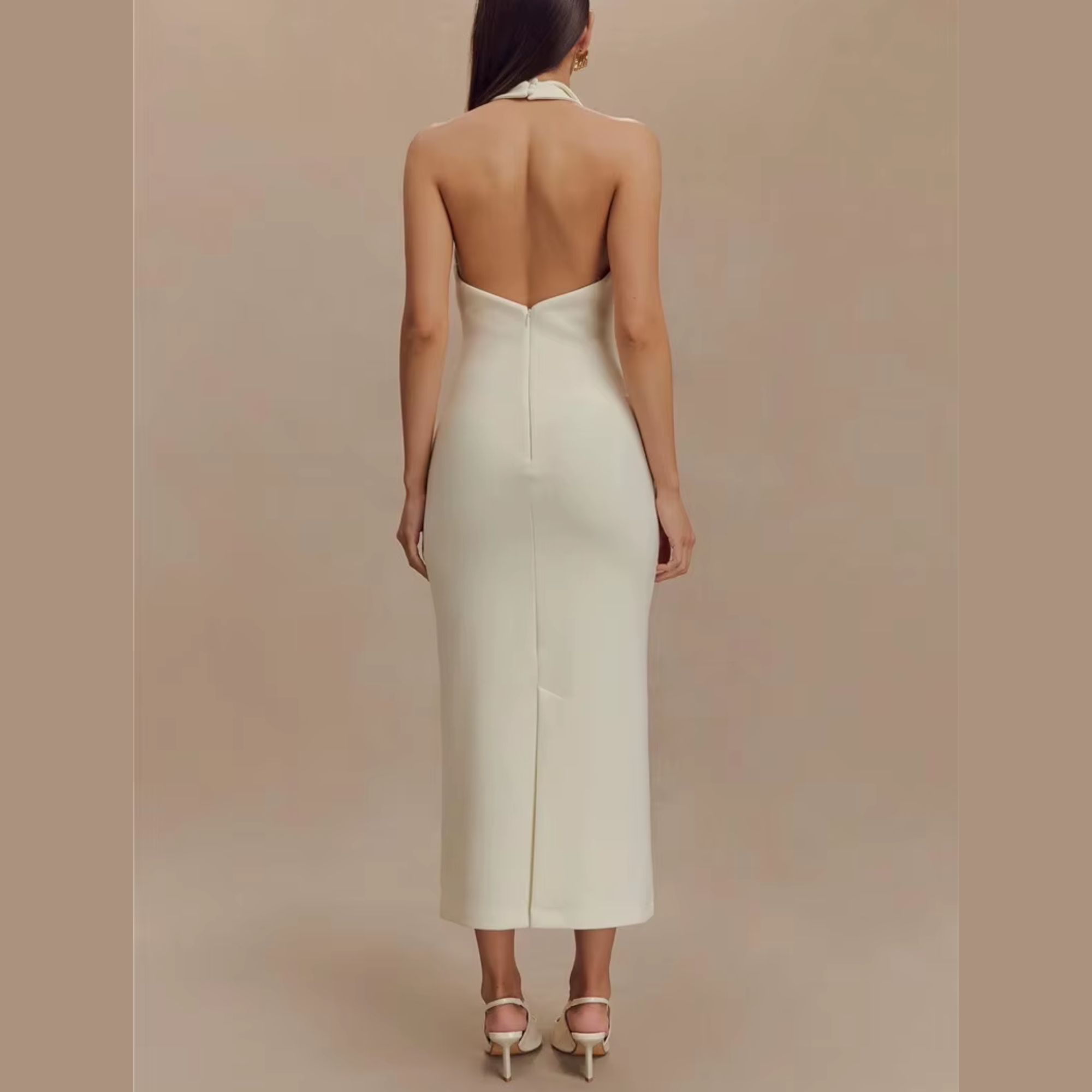 Fleur - White Deep V Halter Neck Dress