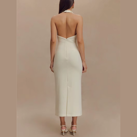 Fleur - White Deep V Halter Neck Dress