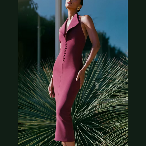 Fleur - Burgundy Deep V Halter Neck Dress