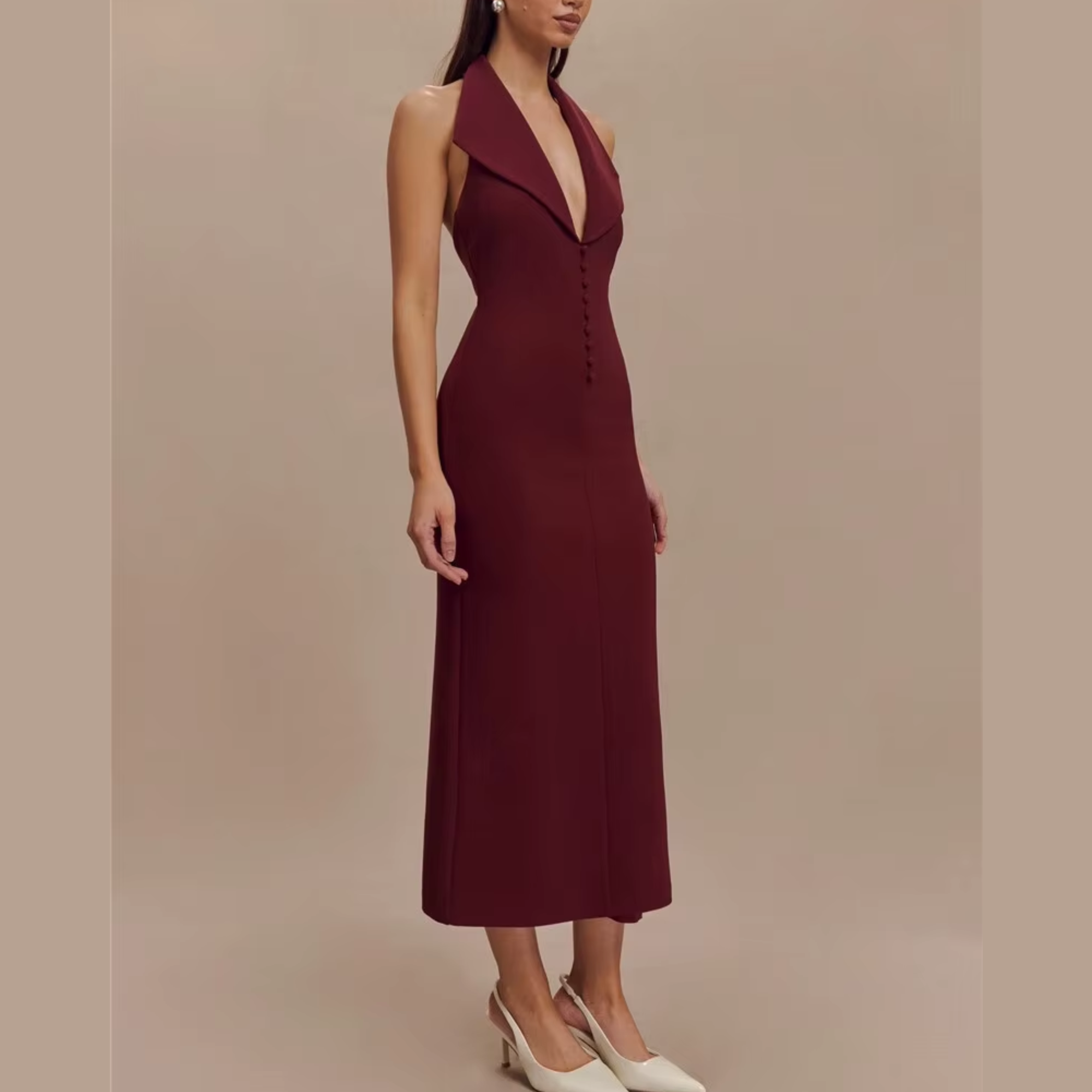 Fleur - Burgundy Deep V Halter Neck Dress
