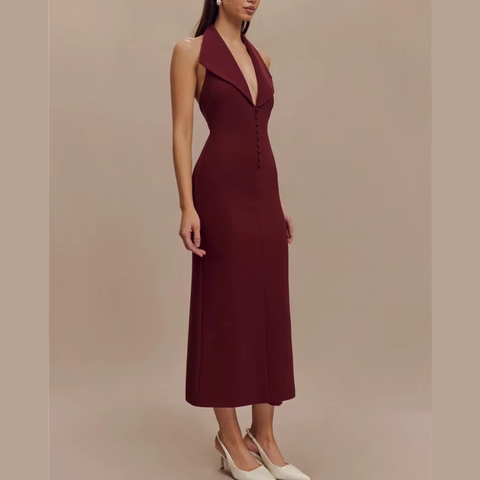 Fleur - Burgundy Deep V Halter Neck Dress