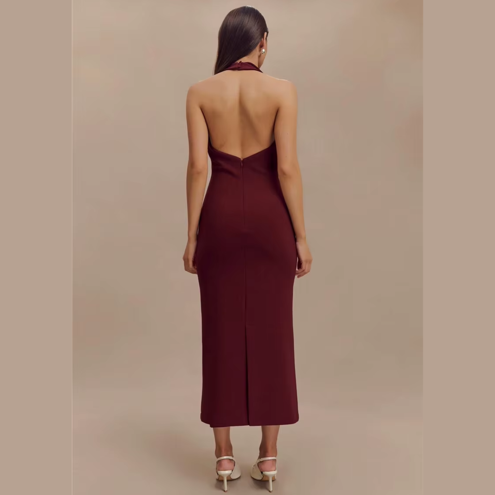 Fleur - Burgundy Deep V Halter Neck Dress