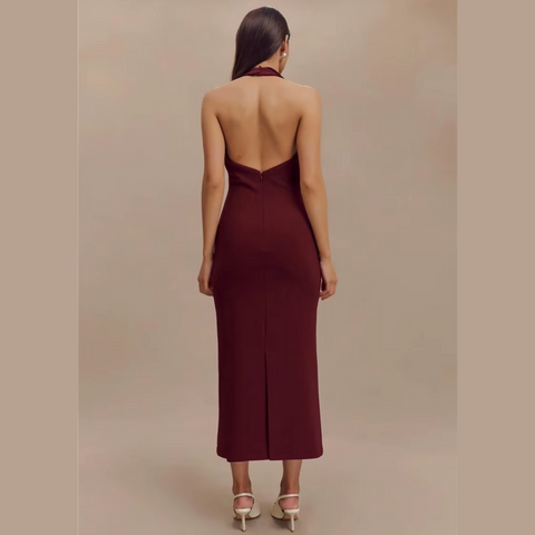 Fleur - Burgundy Deep V Halter Neck Dress