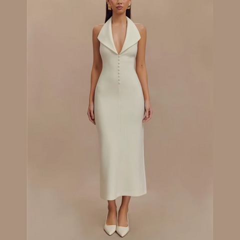 Fleur - White Deep V Halter Neck Dress