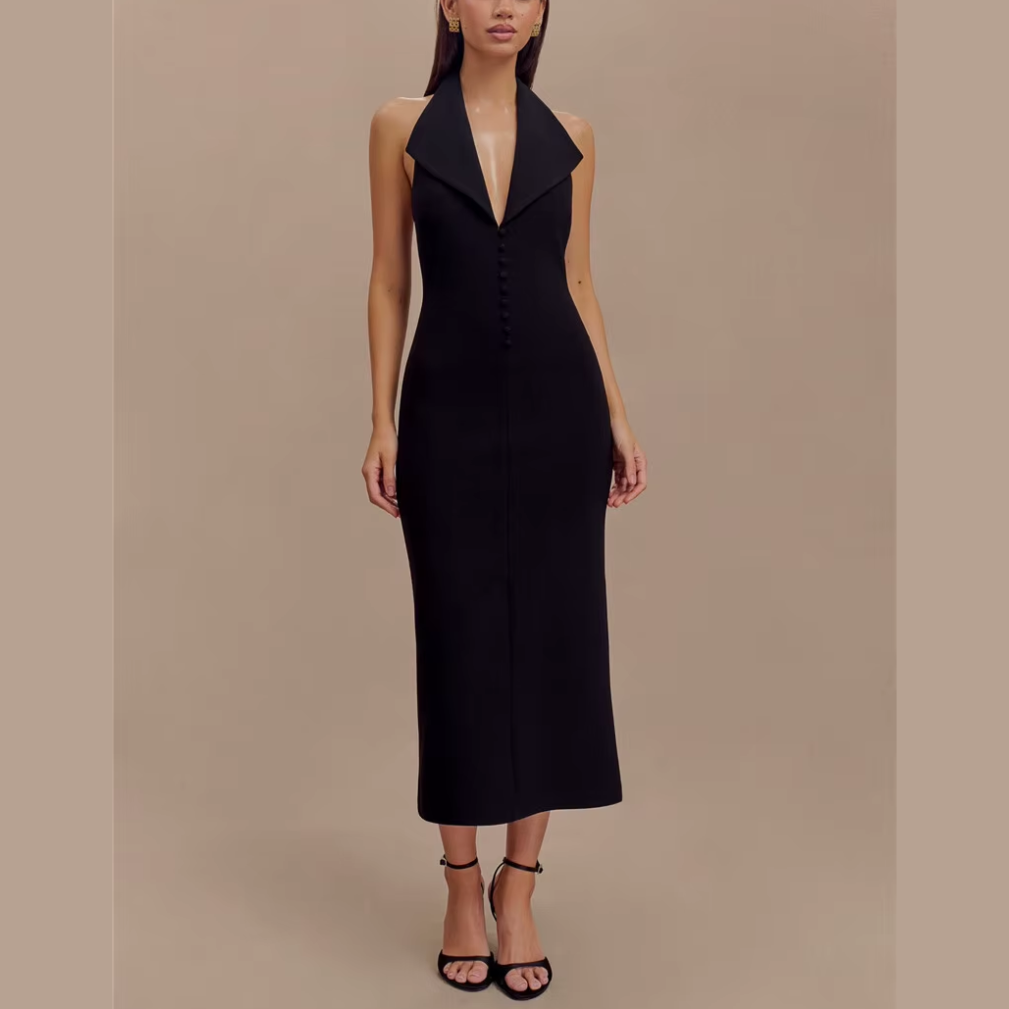 Fleur - Black Deep V Halter Neck Dress