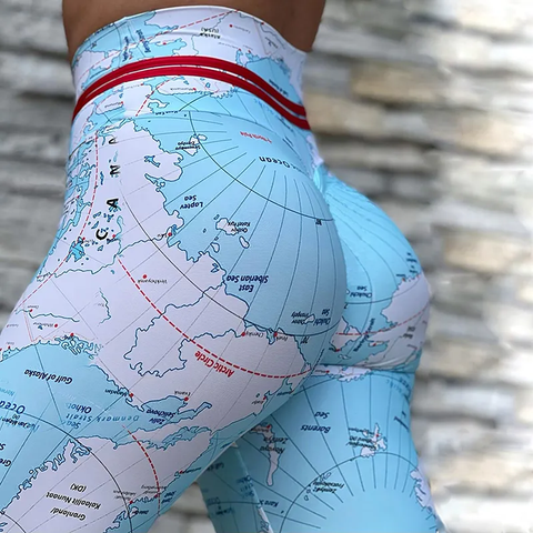 Leggings de yoga y fitness de cintura alta con estampado de mapas en 3D para mujer