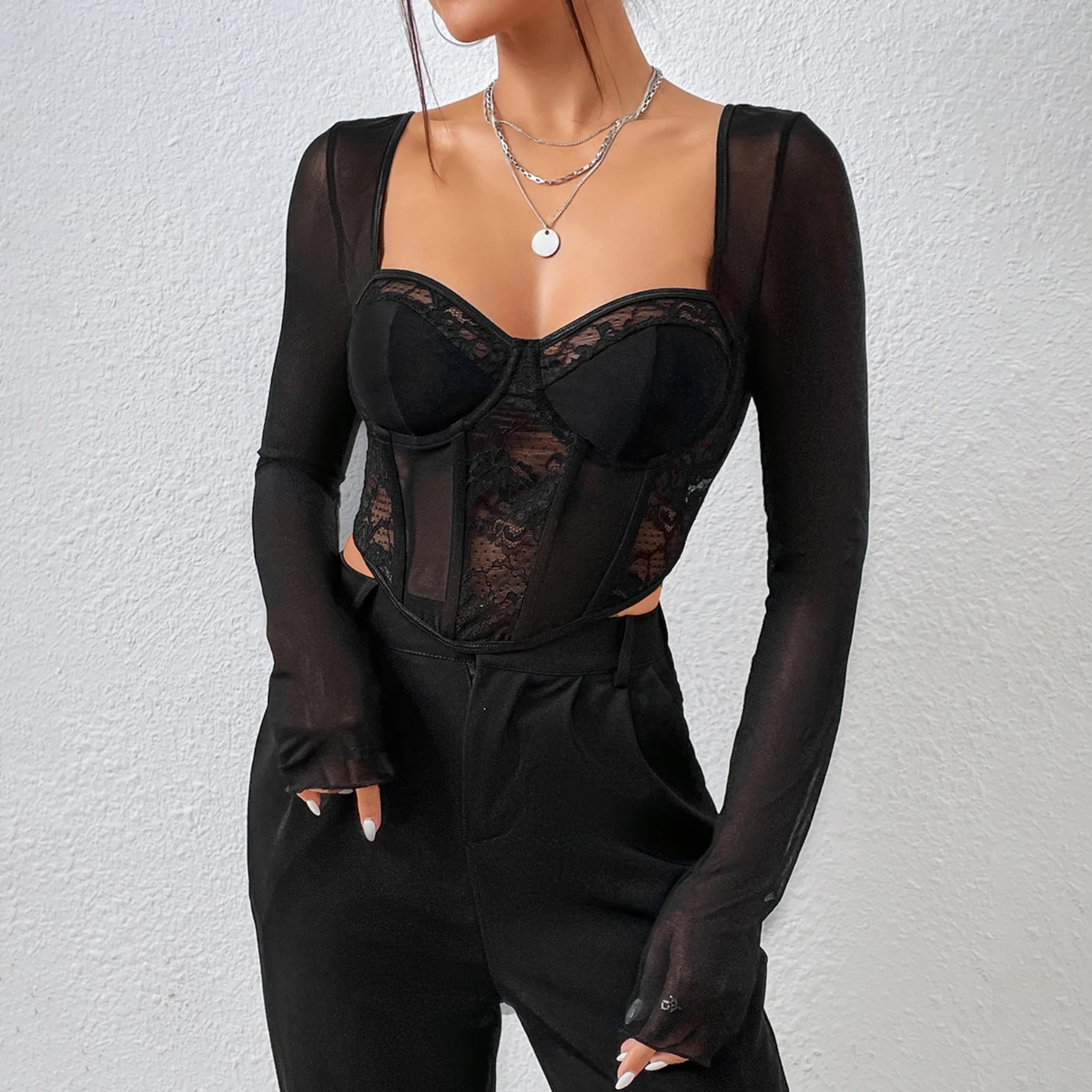 Ginevra - Black Sheer Mesh & Lace Crop Top