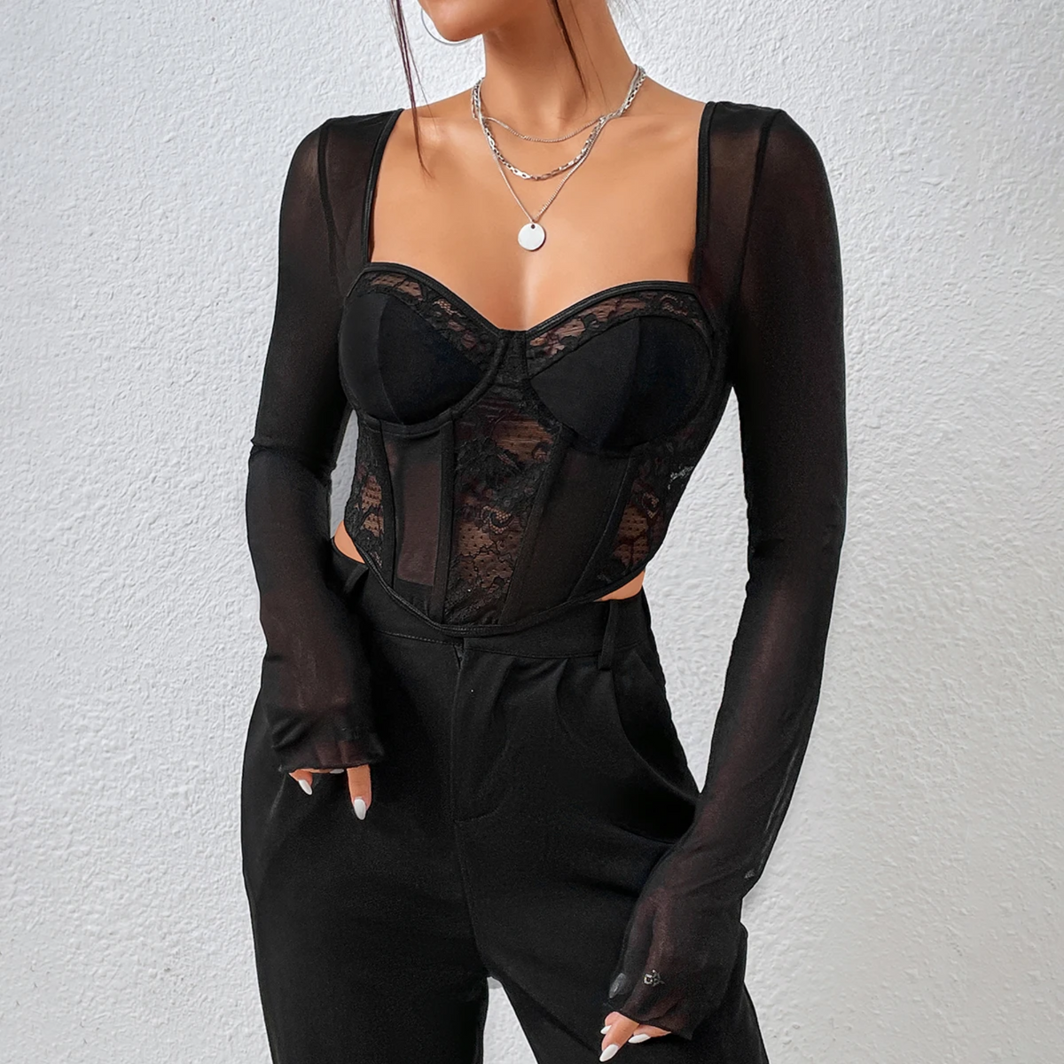 Ginevra - Black Sheer Mesh & Lace Crop Top
