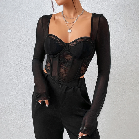 Ginevra - Black Sheer Mesh & Lace Crop Top