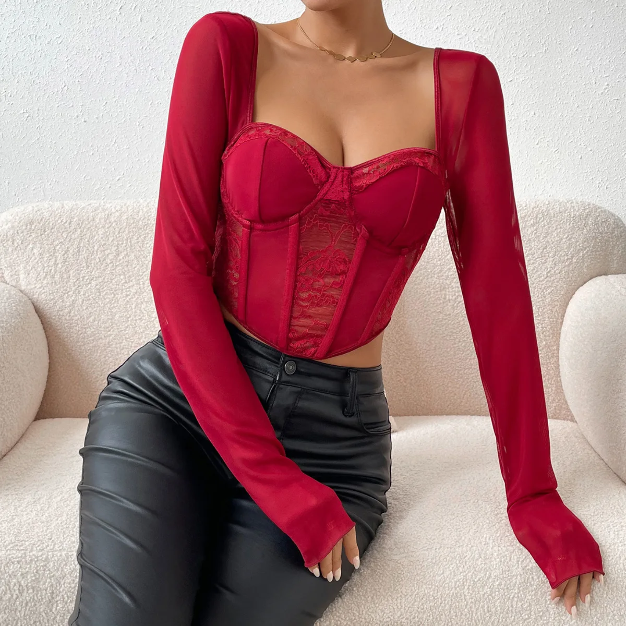 Ginevra - Red Sheer Mesh & Lace Crop Top