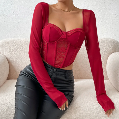 Ginevra - Red Sheer Mesh & Lace Crop Top