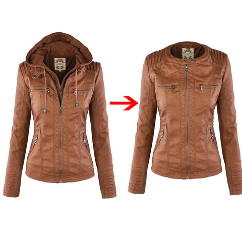 Chaqueta de cuero con capucha para mujer