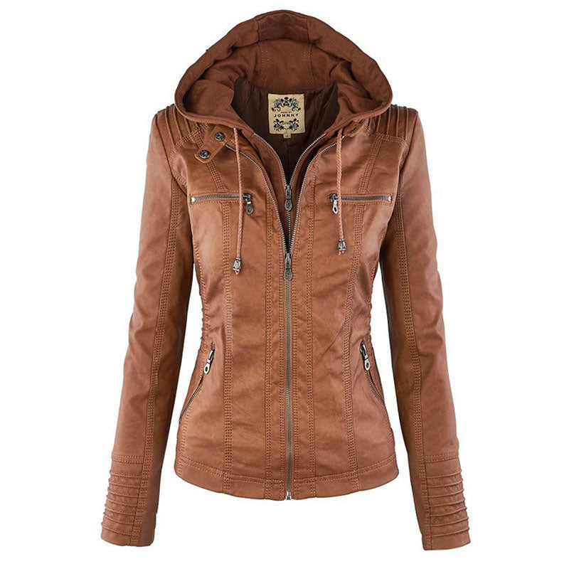 Chaqueta de cuero con capucha para mujer