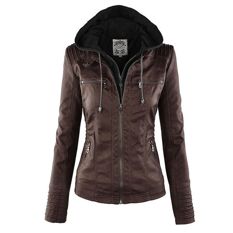 Chaqueta de cuero con capucha para mujer