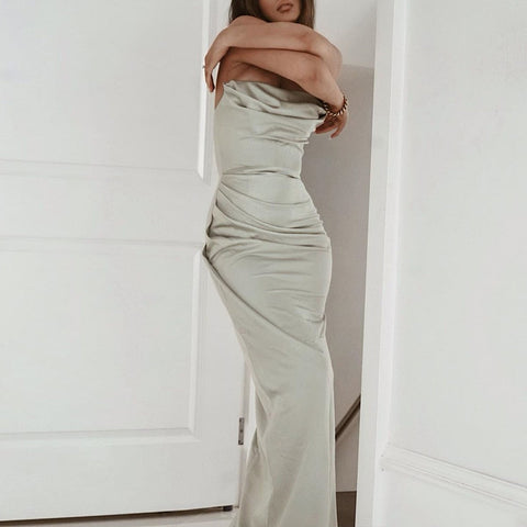 Michelle - Green Strapless Satin Maxi Dress