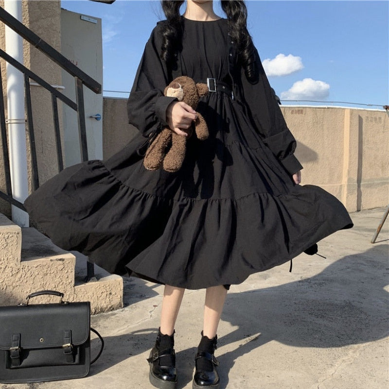 Vestido negro estilo harajuku japonés