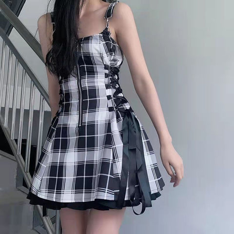 Conjunto de vestido a cuadros kawaii