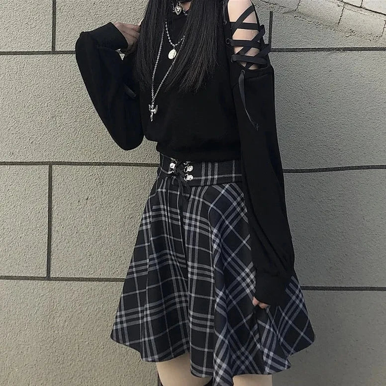 Conjunto de ropa gótica de estilo Harajuku: sudadera con capucha y minifalda