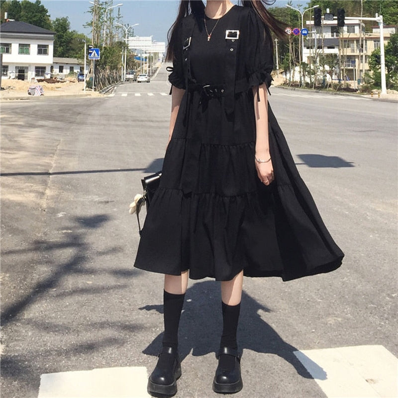 Vestido negro estilo harajuku japonés