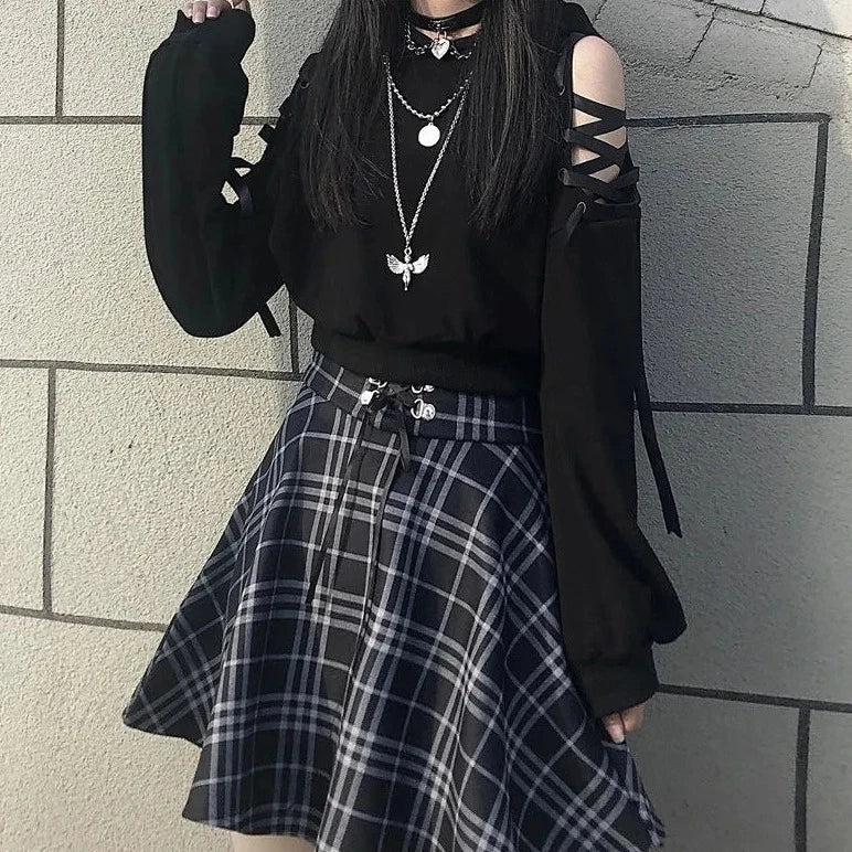 Conjunto de ropa gótica de estilo Harajuku: sudadera con capucha y minifalda