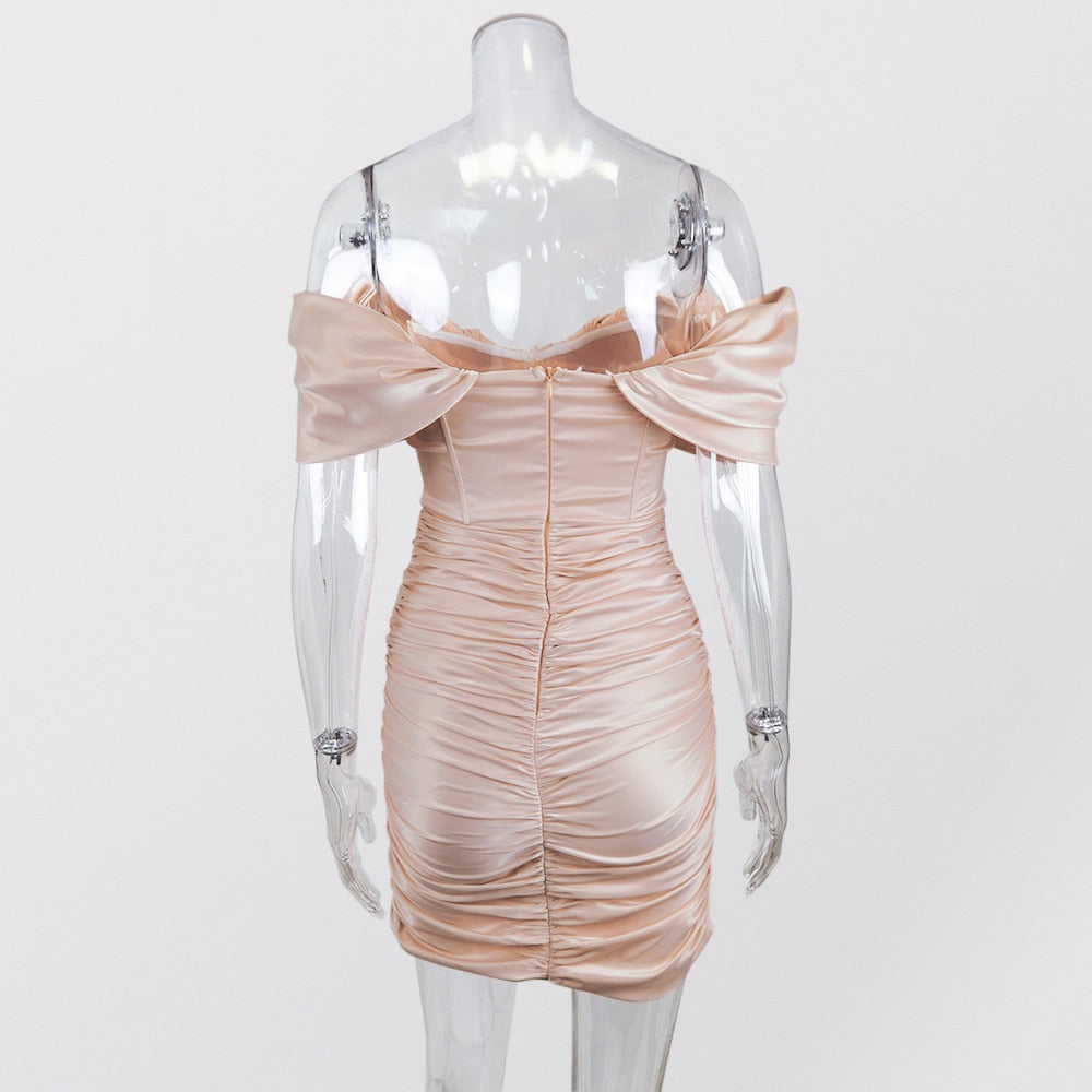 Melanie - Pink Off The Shoulder Satin Dress