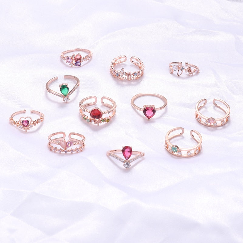 Anillos ajustables con forma de corazón y flor