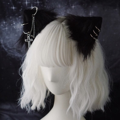 Gothic Black Cat Ears Hairpins with Metal Chain