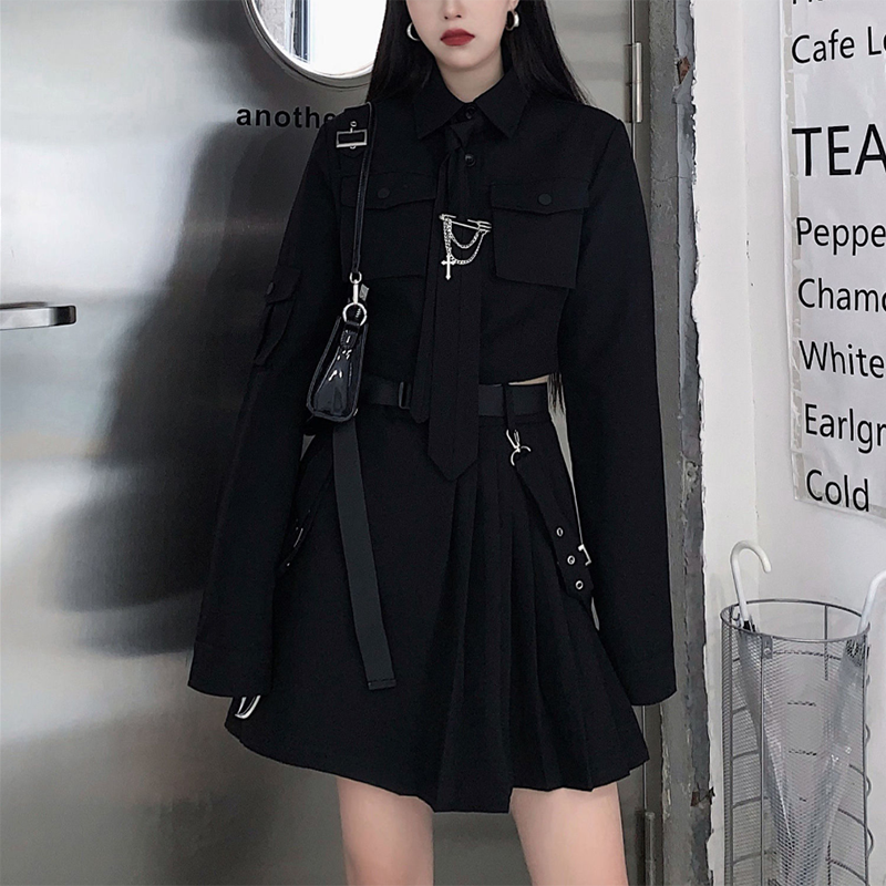 Koreanisches Gothic-Outfit-Set – Hemd und Rock