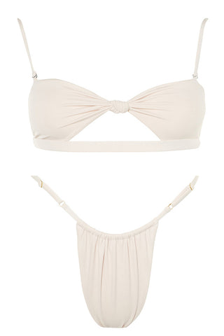 Gelbes Bandeau-Bikinioberteil mit Cut-Out und Bindeband vorn