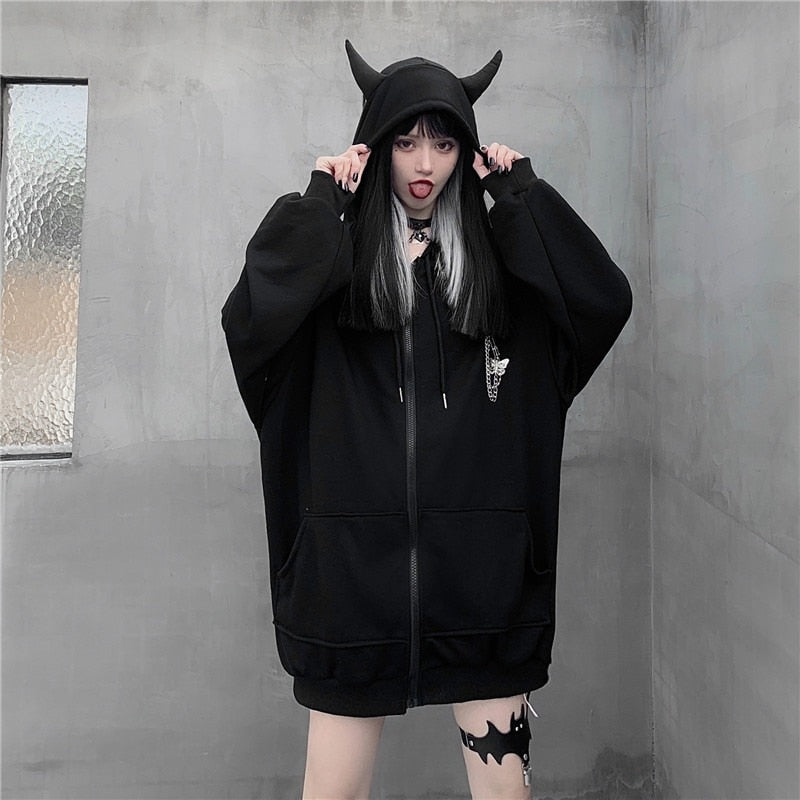 Gothic Devil Horns Zip Up Hoodie