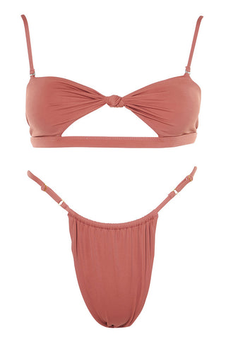 Gelbes Bandeau-Bikinioberteil mit Cut-Out und Bindeband vorn