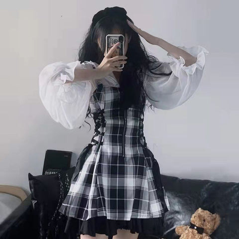 Conjunto de vestido a cuadros kawaii